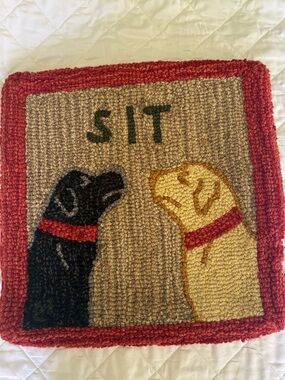 Chandler 4 Corners Two Labs “SIT” hand hooked wool design  red velveteen back!